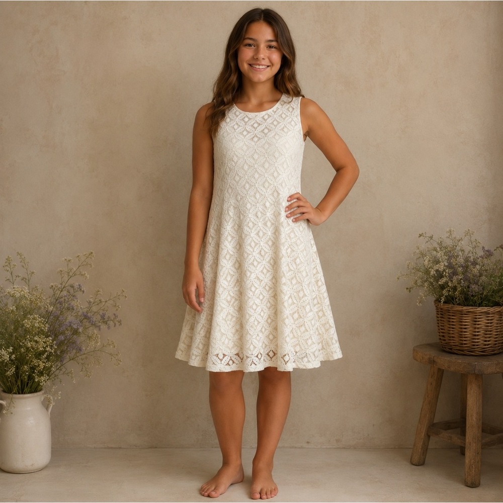 Knitworks Formal Eyelet Dress Girls 16 Sleeveless Special Occasion‎ Church Ivory